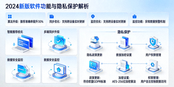 2024年新版软件功能界面与隐私保护图标展示，突出新功能解析