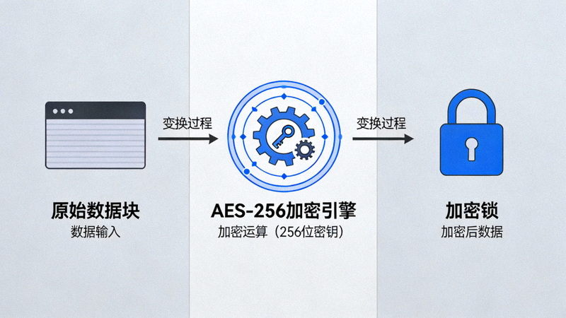 AES-256加密算法工作原理抽象概念图：数据变成加密锁