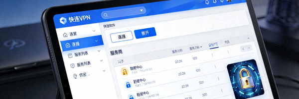 电脑屏幕上显示快连VPN软件界面与加密锁图标