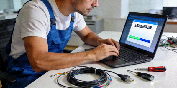 技术人员正在排查电脑网络连接问题的场景，屏幕上显示诊断工具